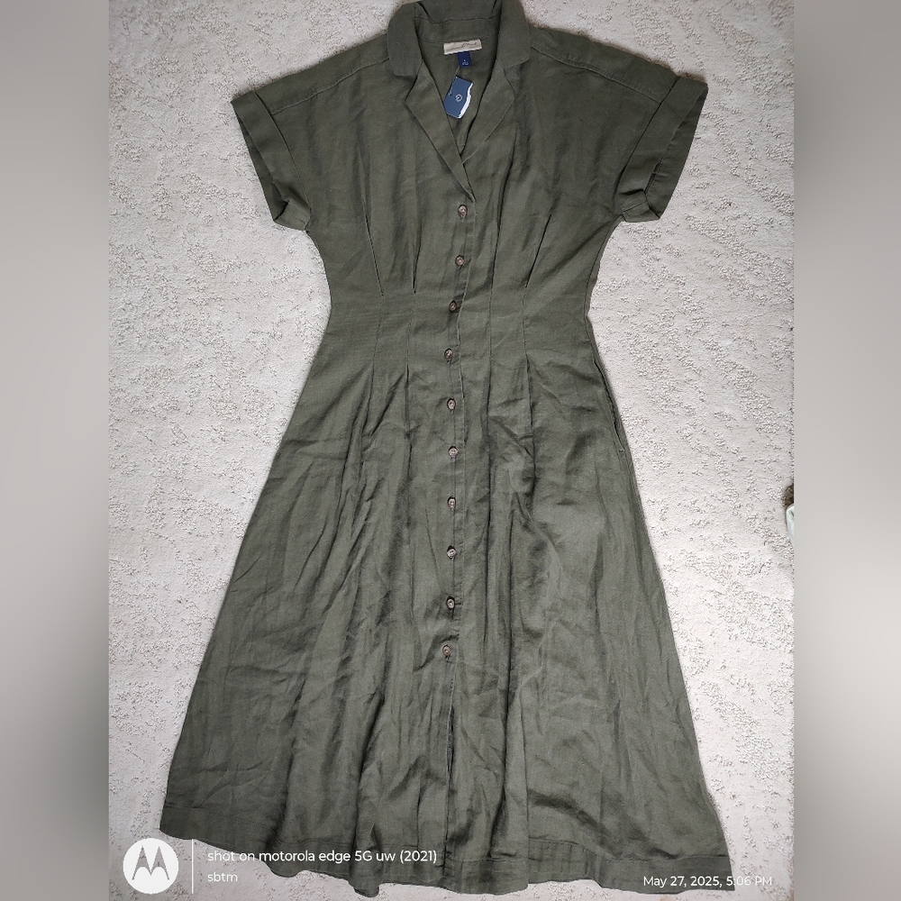 Universal Thread Olive Green Button-Down Midi Dress Size 4 Linen Rayon NWT